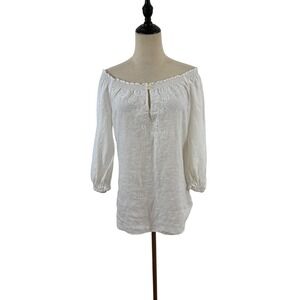 Lauren Ralph Lauren White Linen Peasant Blouse PXs Off Shoulder Embroidered‎